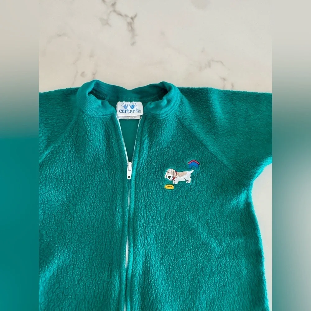 Vintage Carter’s Teal Fleece Footed Sleeper Dog Zip Pajamas 90s 6-12 months